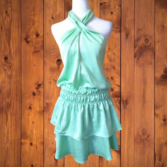 glam Dresses & Skirts - Glam Women's Small Light Green Tiered Open Back Halter Dress Satin Look